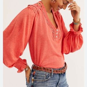 Free People Siesta Fiesta long sleeved  Lace-Trim Blouse top